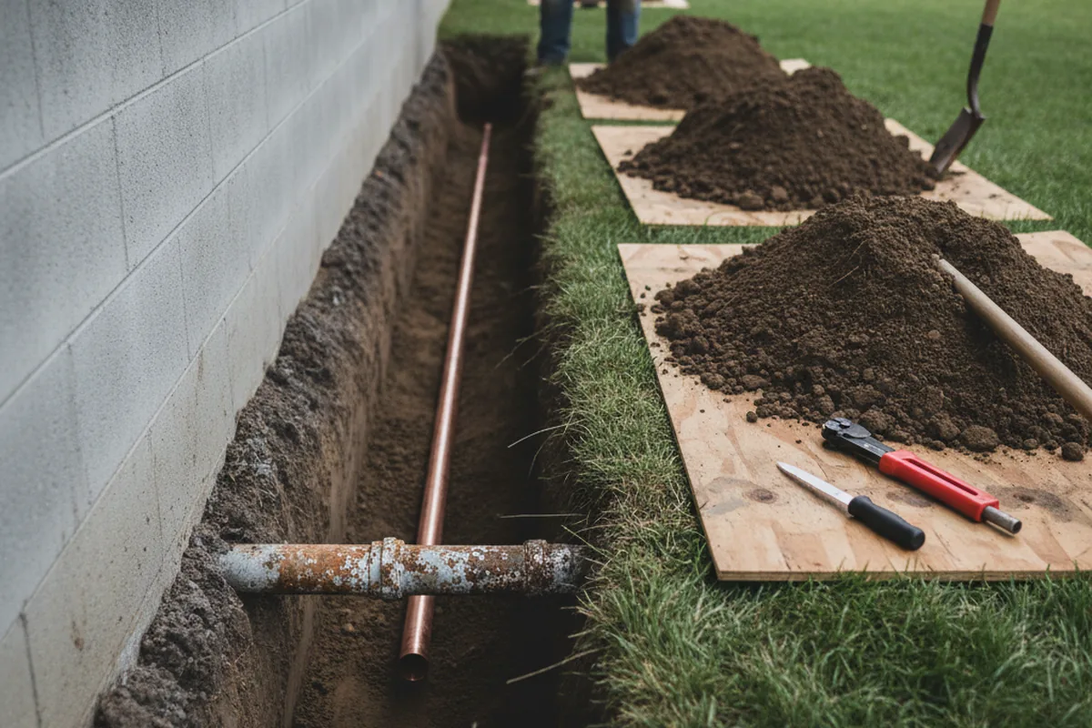 Excavated water line trench during Water Softener Installation in Fullerton